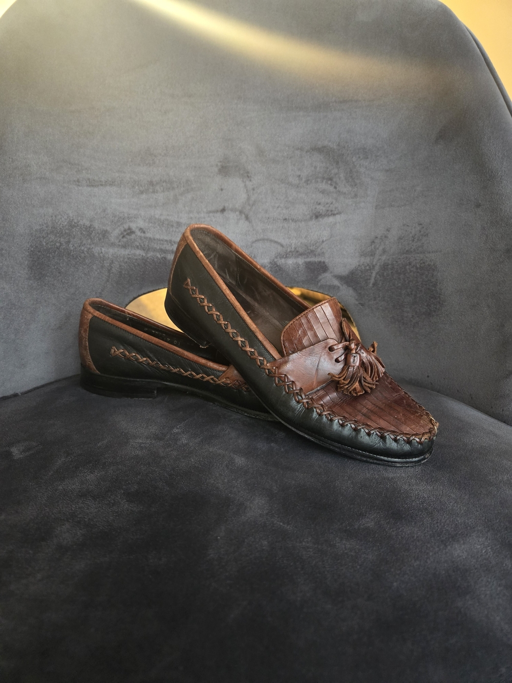 Cole Haan Two-Tone Brown and Black Leather Tassel Loafers